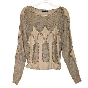 Vintage 80's Norma Canada Crochet & Leather Patch Sweater Sheer Tan SEE Measure
